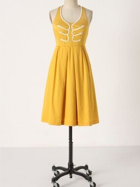 Anthropologie Floreat Mustard Yellow Sleeveless Midi Dress with Cream Trim